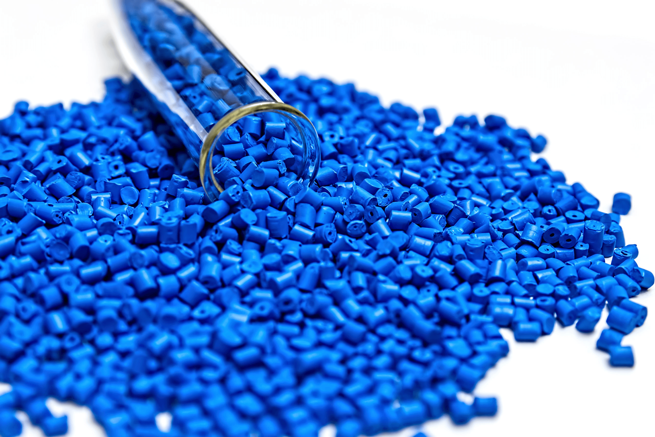 test tube with blue plastic pellets